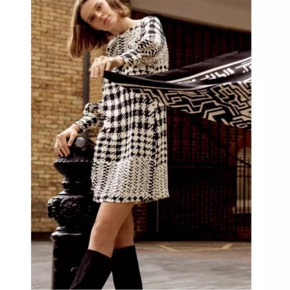 Richard Allen x H&M Boat Neck Black White Houndstooth Long Sleeve Shift Dress -2 - Picture 14 of 15